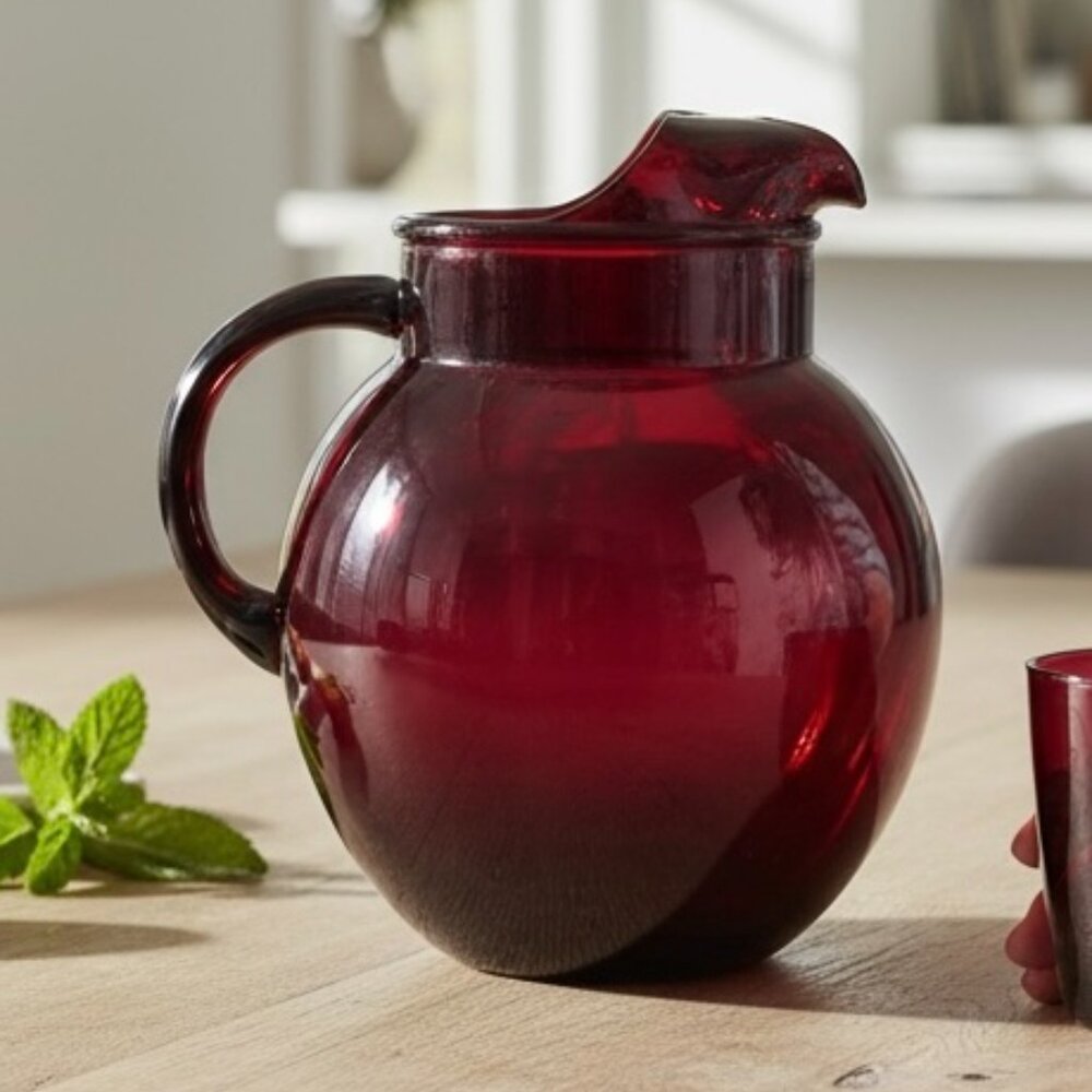 Vintage Anchor Hocking Royal Ruby Red Glass Ball Pitcher Mid Century